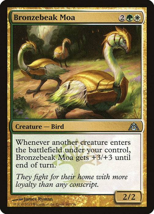 A Magic: The Gathering product named "Bronzebeak Moa [Dragon's Maze]" from Magic: The Gathering. It costs 2 green and white mana and is a 2/2 bird creature. The card depicts a bird with green and gold feathers and bronze armor. Its text reads: "Whenever another creature enters the battlefield under your control, Bronzebeak Moa gets +3/+3 until end.