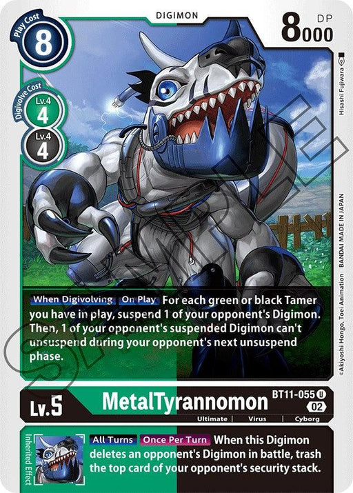 A digital trading card featuring MetalTyrannomon [BT11-055] [Dimensional Phase] from Digimon, an Ultimate Level 5 Virus Digimon with 8000 DP and a play cost of 8. It has the ability to Digivolve for 4 from either a Green or Black Level 4 Digimon. The card depicts a cyborg dinosaur with metallic elements and sharp claws.