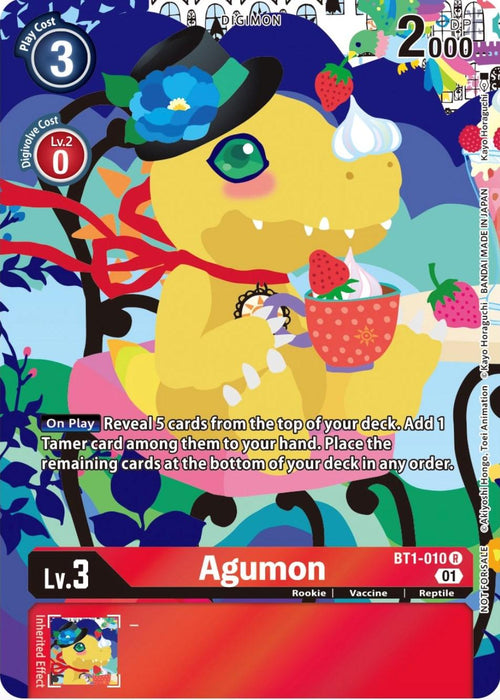 Image of an Agumon [BT1-010] trading card from the Digimon card game. Agumon, a reptile Digimon, is depicted wearing a black top hat with a blue ribbon and holding a parfait-like dessert in one hand and a red heart in the other. Part of the Tamer's Card Set 2 Floral Fun under the Release Special Booster Promos series by Digimon, the card details its abilities, level, type, attack points, and specific game instructions.