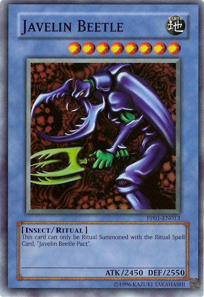 A Yu-Gi-Oh! trading card featuring Javelin Beetle [PP01-EN013] Super Rare. The Super Rare card has blue borders and depicts a purple beetle with a green javelin. Its stats are ATK/2450 and DEF/2550. Summon it using the "Javelin Beetle Pact." Card code: PT01-EN013