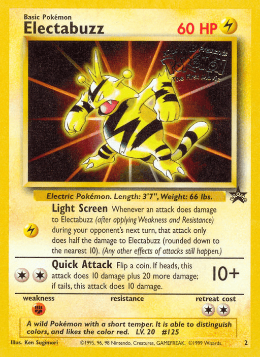 An Electabuzz (2) [Wizards of the Coast: Black Star Promos] card from Pokémon. Electabuzz is illustrated in an action pose with sparks of Lightning. The card has 60 HP and features the moves "Light Screen" and "Quick Attack." The design includes text, stats, energy symbols, and card number 20/64.