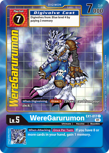 A WereGarurumon [EX1-017] (Alternate Art) [Classic Collection] card from Digimon featuring WereGarurumon in its Ultimate form. The card displays a detailed image of WereGarurumon, a blue and white humanoid wolf with armor and torn pants. It has a play cost of 7, 7000 DP, and describes special abilities like Digivolve cost, drawing cards, and memory gain condition.