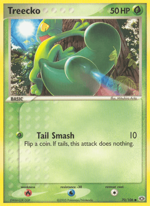 A Pokémon Treecko (70/106) [EX: Emerald] card featuring Treecko, a green, lizard-like Pokémon with large, expressive eyes. The card has 50 HP and displays an attack called "Tail Smash" that deals 10 damage. This common Grass-type card is designated as a basic Pokémon and includes the illustration by Mitsuhiro Arita from EX: Emerald.