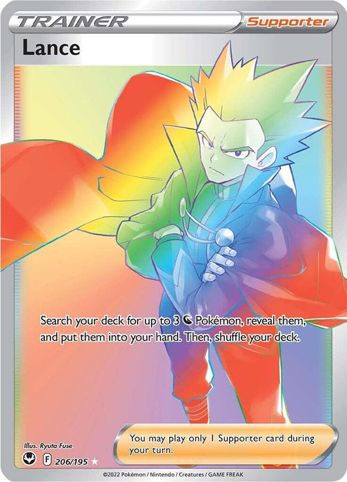 A Pokémon [Lance (206/195) Sword & Shield: Silver Tempest] card depicting Lance, a character with spiky yellow hair and a green outfit, set against a colorful, rainbow-like background. The card, a Secret Rare Trainer Supporter from Silver Tempest, allows you to search your deck for up to 3 Dragon Pokémon, reveal them, and add them to your hand.