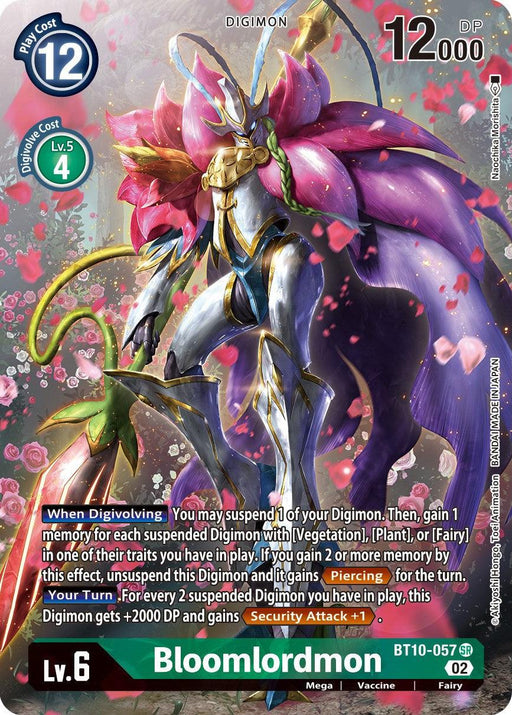 A Digimon card featuring Bloomlordmon [BT10-057] (Alternate Art) [Xros Encounter]. The Super Rare card indicates it is of the "Fairy" type with a purple and green design. BloomLordmon, a humanoid plant creature with armor and vibrant flower-like features, has 12,000 DP. The card details its abilities and effects, and it's labeled BT10-057.