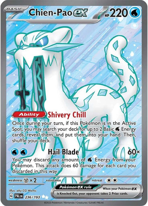 A Pokémon Chien-Pao ex (236/193) [Scarlet & Violet: Paldea Evolved] trading card. Chien-Pao is an icy white and blue feline Pokémon with sharp icicle teeth. This Ultra Rare Water Type card has 220 HP, includes the Ability "Shivery Chill," and the move "Hail Blade." It is numbered 236/193 from the 2023 Scarlet & Violet: Paldea Evolved expansion.