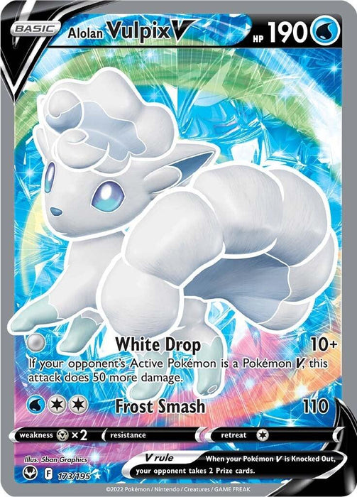 A Pokémon trading card featuring Alolan Vulpix V (173/195) [Sword & Shield: Silver Tempest] with 190 HP from the Silver Tempest series. The card’s background has a vibrant, icy blue and white pattern. Alolan Vulpix V, an ultra rare white, fox-like creature with multiple tails, has moves "White Drop" dealing 10+ damage and "Frost Smash" with 110 damage.
