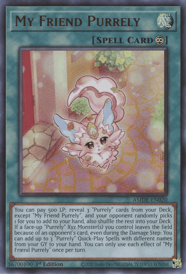 The Yu-Gi-Oh! Ultra Rare card "My Friend Purrely [AMDE-EN020]" showcases a pink, fairy-like creature with large blue eyes, fluffy wings, and a small crown. This whimsical creature floats amidst a pastel-colored, dreamy background. The Continuous Spell card's effect is detailed in a white box at the bottom.