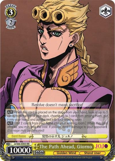 A Double Rare character card from JoJo's Bizarre Adventure: Golden Wind featuring an anime character with wavy blonde hair wearing a purple suit with prominent heart-shaped cutouts on the chest. Named "The Path Ahead, Giorno (JJ/S66-E003 RR) [JoJo's Bizarre Adventure: Golden Wind]," the Bushiroad card showcases abilities in boxes, as he poses with a determined expression and clenched fist.