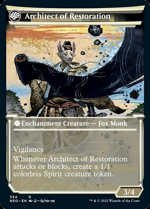 A Magic: The Gathering card named "The Restoration of Eiganjo // Architect of Restoration (Showcase Soft Glow) [Kamigawa: Neon Dynasty]," from Kamigawa: Neon Dynasty, features an anthropomorphic fox monk casting a spell, surrounded by floating rocks and debris. This rare card has abilities Vigilance and creates a 1/1 colorless Spirit creature token when it attacks or blocks. The card's stats are 3/4.