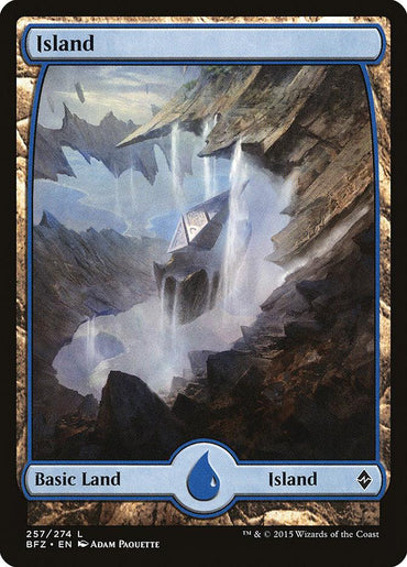 A Magic: The Gathering product titled "Island (257) [Battle for Zendikar]" features artwork by Adam Paquette that depicts a fantastical island with jagged cliffs and floating rocky fragments. A waterfall cascades from a stone cliff, creating mist. The card has blue borders and the water drop mana symbol, indicating its type as a basic land.