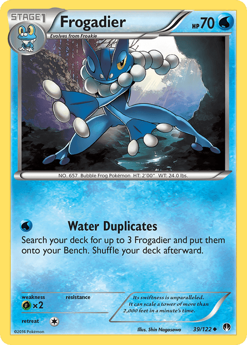 A Pokémon Trading Card featuring Frogadier (39/122) [XY: BREAKpoint], a blue frog-like creature with white bubbles across its body. This Uncommon card from the Pokémon series has 70 HP and an attack called "Water Duplicates." With yellow borders, it depicts Frogadier against a cave-like background and is numbered 39/122.