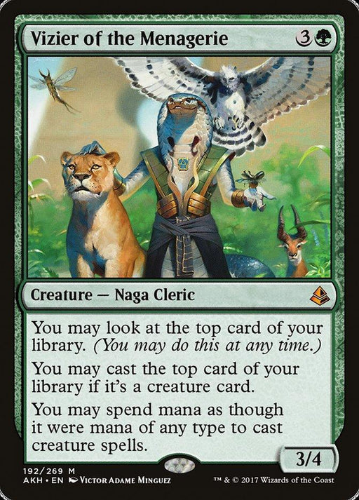 A Magic: The Gathering product titled "Vizier of the Menagerie [Amonkhet]" from the Amonkhet set. This Mythic Creature features a Naga Cleric with a human torso and snake-like head, accompanied by a lion and a bird. The green-bordered card allows looking at and casting creature cards from the top of the library.
