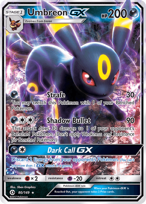 A Pokémon Umbreon GX (80/149) [Sun & Moon: Base Set] from the Sun & Moon: Base Set. This Ultra Rare Darkness Type card showcases Umbreon, a black, fox-like creature with yellow rings on its body, ready for battle. The Pokémon card details its attacks: "Strafe," "Shadow Bullet," and "Dark Call GX," and stats like 200 HP, weaknesses, resistance, and retreat cost.