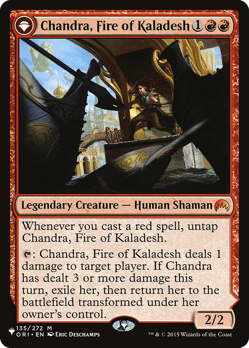 The image displays the Magic: The Gathering card "Chandra, Fire of Kaladesh // Chandra, Roaring Flame [Secret Lair: From Cute to Brute]," a mythic rarity piece. It has a red border and features a female character wielding fire. The card text describes abilities triggered by casting red spells, dealing damage, and transformation. It has a power and toughness of 2/2.