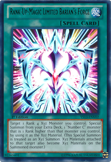 A Rank-Up-Magic Limited Barian's Force [YS13-ENV02] Ultra Rare Spell Card from Yu-Gi-Oh!. The card features intricate, colorful, and radiant abstract patterns and designs, with a crystal-like central image emitting multiple vibrant beams, reminiscent of the brilliance in a Super Starter set. Text describing the card's effects fills the lower half.