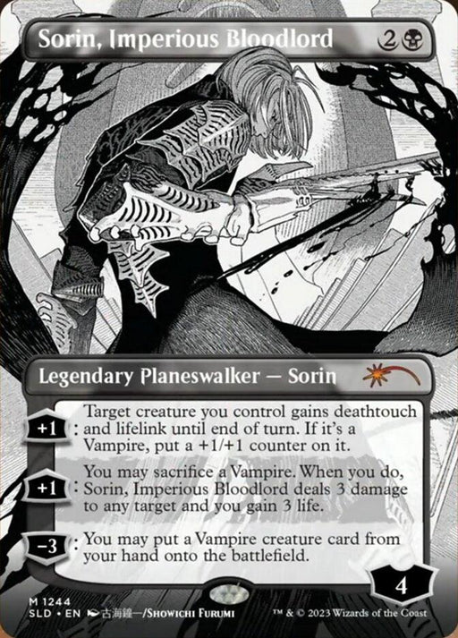 Black and white Magic: The Gathering card featuring Legendary Planeswalker Sorin holding a sword. The card, titled "Sorin, Imperious Bloodlord (Borderless) [Secret Lair Drop Series]," includes abilities such as deathtouch, lifelink, +1/+1 counters, sacrificing creatures, dealing damage, and summoning Vampire creatures. Part of the Magic: The Gathering Secret Lair Drop Series.