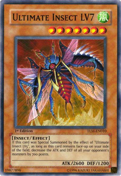 A Yu-Gi-Oh! trading card named "Ultimate Insect LV7 [TLM-EN010] Super Rare" features a vibrant, blue and red armored insect with wings. As an Insect/Effect Monster of the Wind attribute, it has ATK 2600 and DEF 1200. The card is a 1st Edition with code TLM-EN010.