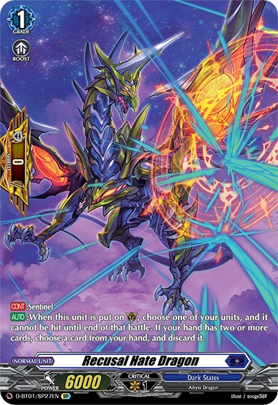 A fantasy-themed trading card from Bushiroad featuring Recusal Hate Dragon (D-BT01/SP27EN) [Genesis of the Five Greats]. This fearsome Abyss Dragon is depicted with dark purple and neon green armor, unleashing a powerful energy blast. As a Special Parallel card, its mechanics include Grade 1, Shield, power 6000, Critical 1, and Dark States clan skills from the Genesis of the Five Greats expansion.