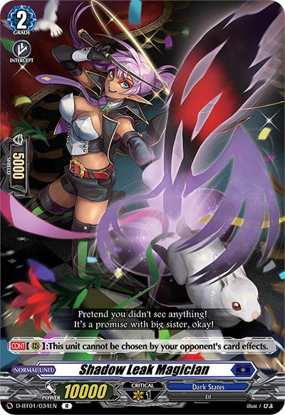 A fantasy-themed rare card from Bushiroad's "Genesis of the Five Greats" set, featuring "Shadow Leak Magician" (D-BT01/034EN), a Dark States Elf with lavender hair, pointed ears, and a feathered hat. She wields a magical staff emitting purple energy and stands beside a white rabbit. The card includes her abilities and stats: Grade 2, Power 10000, Shield 5000, Critical 1.