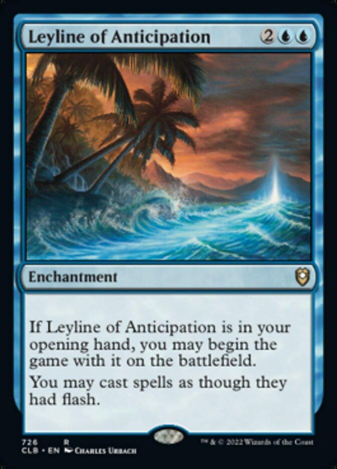 The image is of a Magic: The Gathering card titled "Leyline of Anticipation [Commander Legends: Battle for Baldur's Gate]" from the Commander Legends: Battle for Baldur's Gate set. With a casting cost of two generic and two blue mana, it is an Enchantment featuring art by Charles Urbach. Its ability allows spells to be cast as though they had flash. Card number 726.