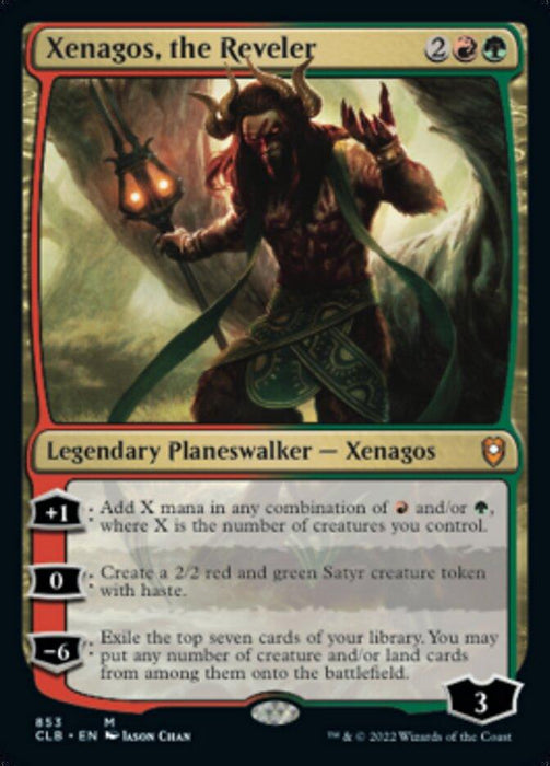 A "Magic: The Gathering" card featuring "Xenagos, the Reveler [Commander Legends: Battle for Baldur's Gate]," a Legendary Planeswalker. The background shows Xenagos, a satyr with horns, in a dynamic pose. This Mythic Rarity card has three abilities: adding mana, creating a Satyr token, and exiling cards from the library. Colored in red and green mana.