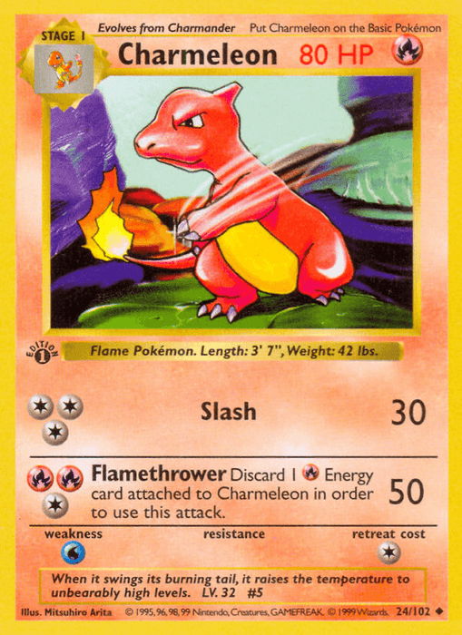 A Charmeleon (24/102) (Shadowless) [Base Set 1st Edition] Pokémon card. Charmeleon, a red lizard-like creature, stands with flames surrounding its tail. As an Uncommon Rarity Fire Type card, it shows 80 HP and has the moves Slash (30 damage) and Flamethrower (50 damage, requiring discarding one energy card). It features various symbols and stats.