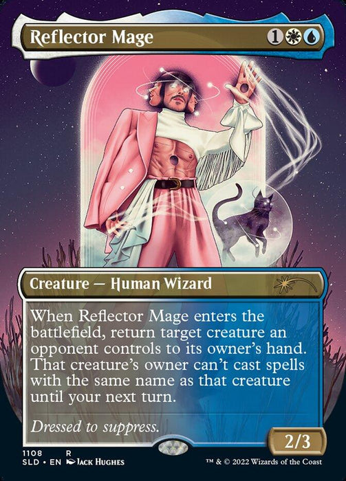 A Magic: The Gathering card titled "Reflector Mage (Borderless) [Secret Lair Drop Series]" from the Secret Lair Drop Series. It depicts a Human Wizard in a pink outfit with bell sleeves, a wide-brimmed hat, and sunglasses, standing with one hand raised. A cat and magical effects are in the background. The card's text describes the character's abilities and stats.