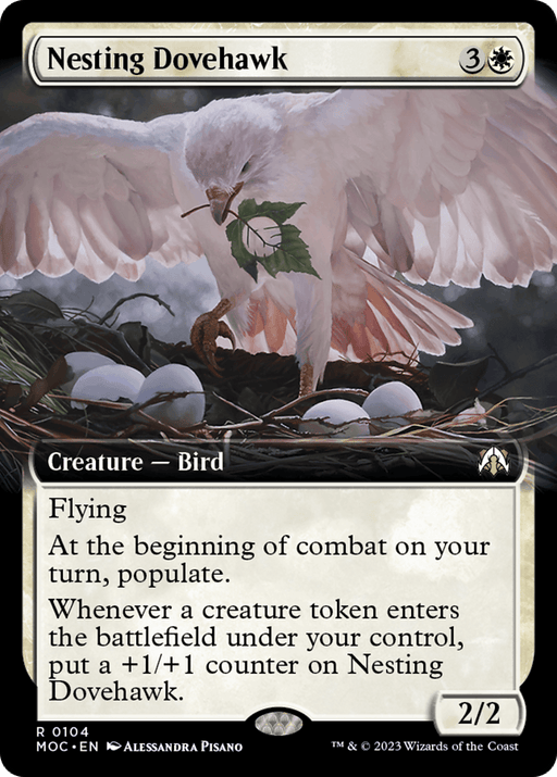 A Magic: The Gathering card titled "Nesting Dovehawk (Extended Art) [March of the Machine Commander]" images a white dovehawk with spread wings, holding a twig with leaves in its beak at its nest. The Rare Creature — Bird has flying ability and combat effects. The bottom shows its stats as 2/2, created for the March of the Machine Commander series by artist Alessandra Pisano and produced by Wizards of the Coast.