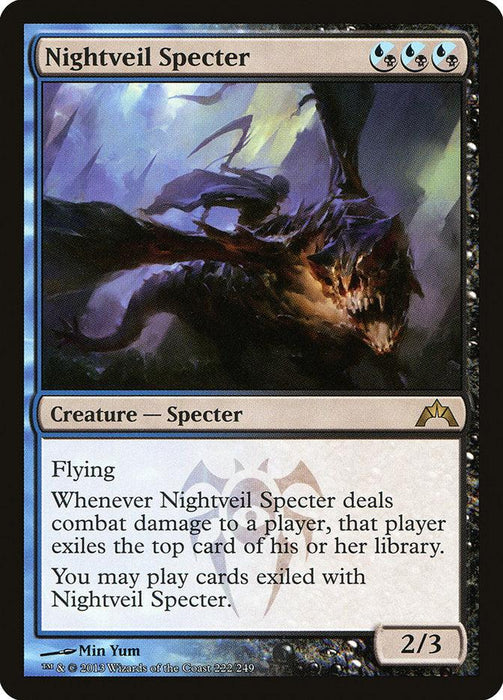 The image displays a Magic: The Gathering card titled Nightveil Specter [Gatecrash], a rare creature from the Gatecrash set. It features a shadowy, spectral creature with wings and a menacing face. The card's black border highlights its abilities, including flying and the power to exile and play cards from an opponent's library.