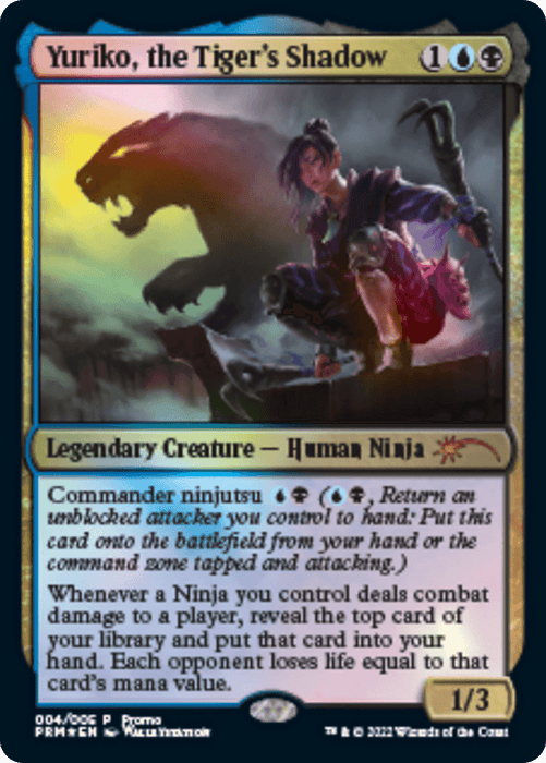 The image displays a Magic: The Gathering card named "Yuriko, the Tiger's Shadow [Year of the Tiger 2022]," a Legendary Creature. It costs one blue and one black mana and another mana of any type to play. The card depicts a human ninja with abilities like Commander Ninjutsu and drawing a card for each opponent. The card's power/toughness is 1/3.