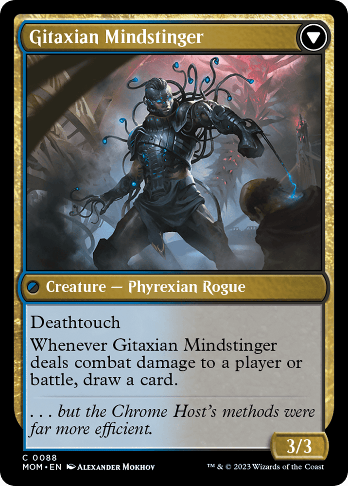 Illustration of a Magic: The Gathering card titled "Aetherblade Agent // Gitaxian Mindstinger [March of the Machine]." The Phyrexian Rogue, with mechanical and organic parts, exudes menace. This 3/3 creature wields Deathtouch and draws cards upon dealing damage.