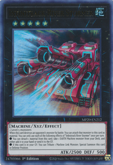 The image features the "Infinitrack River Stormer [MP20-EN212] Ultra Rare" Yu-Gi-Oh! card. It is a machine-type Xyz Effect Monster with 2500 ATK and 500 DEF, part of the 2020 Tin of Lost Memories collection. The artwork showcases a red, armored train-like vehicle equipped with large, powerful cannons. Its rarity is highlighted by the blue background and white text detailing its effects.