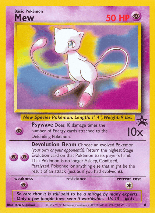 A Pokémon trading card featuring "Mew (8) [Wizards of the Coast: Black Star Promos]" from the Pokémon collection. The card background is a gradient of yellow to purple. Mew, a small pink cat-like creature with large blue eyes and a long tail, has 50 HP and psychic abilities "Psywave" and "Devolution Beam." This Black Star Promo includes rarity details and game rules.