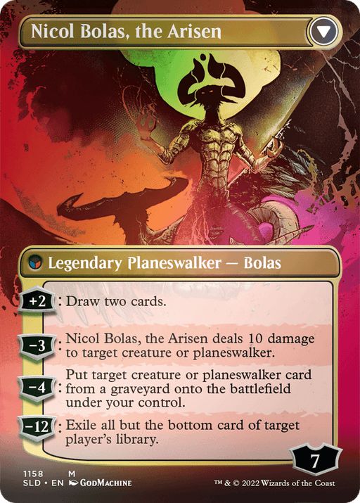 A Magic: The Gathering card depicting "Nicol Bolas, the Ravager // Nicol Bolas, the Arisen (Borderless) [Secret Lair: From Cute to Brute]." This mythic card shows a menacing figure with dark wings, a staff, and a fierce expression against a vibrant, swirling backdrop. The gold-bordered card lists abilities, has a starting loyalty of 7, and is created by GodMachine.