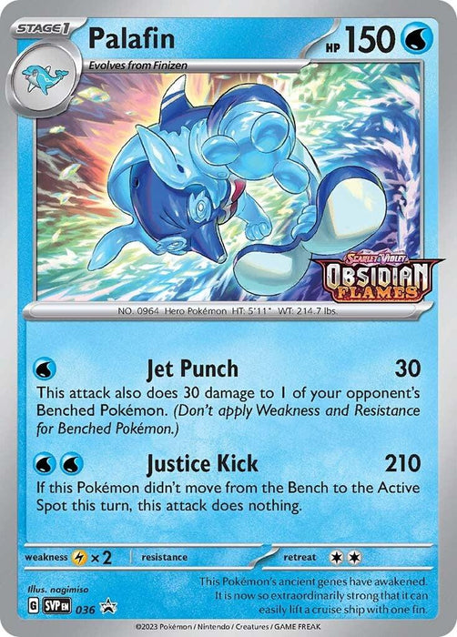 A Pokémon trading card displaying Palafin. The card, part of the Pokémon Scarlet & Violet: Black Star Promos series, is blue-themed and includes an illustration of Palafin, a blue and white Water Type dolphin-like Pokémon, delivering a punch. The Palafin (036) (Stamped) [Scarlet & Violet: Black Star Promos] details its HP 150, evolution from Finizen, and two abilities: Jet Punch (30 damage) and Justice Kick (210 damage).