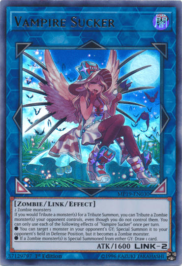 The "Vampire Sucker [MP19-EN030] Ultra Rare" trading card from the Yu-Gi-Oh! series, featured in the 2019 Gold Sarcophagus Tin as an Ultra Rare, showcases a winged, pink-haired female vampire in a red outfit seated on a red and black throne against a graveyard background. This Zombie/Link/Effect card boasts 1600 ATK and LINK-2 attributes.