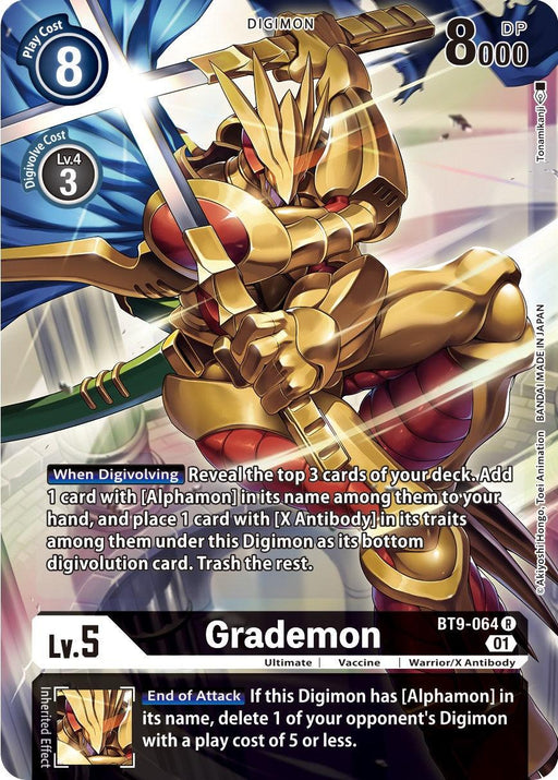 A Digimon card, Grademon [BT9-064] (Alternate Art) [X Record], showcases a golden, armored warrior wielding a sword and shield. The card is adorned with blue and red details that designate its level and abilities. The bottom text box outlines its specific abilities, with effects listed under "When Digivolving" and "End of Attack." This powerful warrior is equipped with an X Antibody, boosting its prowess in battles against Alphamon.