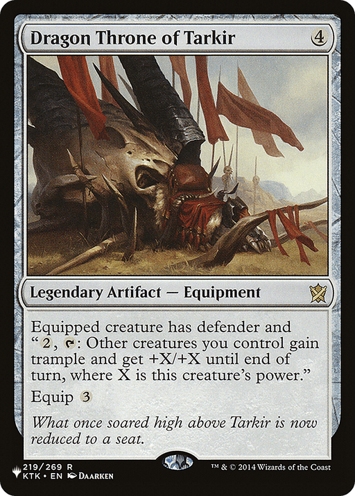 A Magic: The Gathering card titled "Dragon Throne of Tarkir [The List]," a rare legendary artifact, depicts a large skull with horns used as a throne, adorned with red banners. It grants defender and special power boosts to other creatures and has an equip cost of 3.