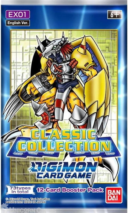 The image depicts a package for the "Digimon" Classic Collection - Booster Pack [EX01]. The front shows an armored Digimon with a sword and shield. The top left corner has "EX01" and "English Ver." text. As part of this trading card game, it states "12-Card Booster Pack" and highlights 73 types in total.