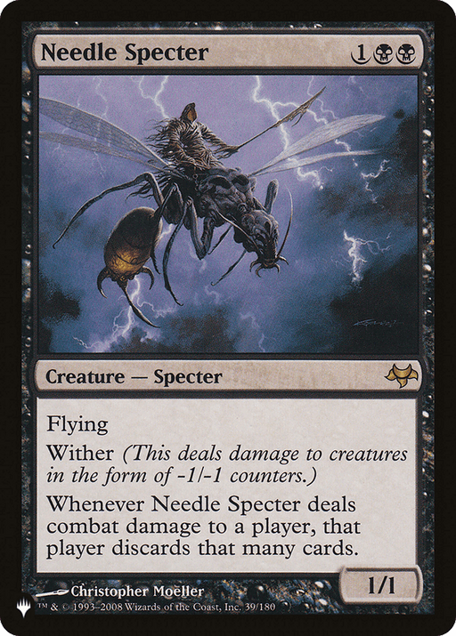 Magic: The Gathering card titled "Needle Specter [The List]." It has a black border and depicts a menacing specter with the head of a large insect, holding needles. Featuring the abilities "Flying" and "Wither," it forces opponents to discard cards when dealt combat damage. The artist is Christopher Moeller.