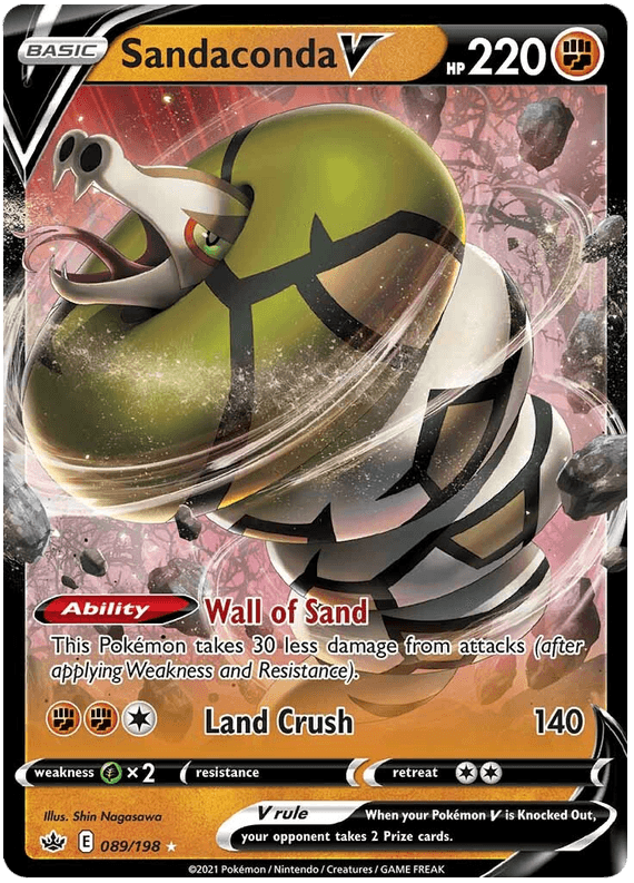 A Sandaconda V (089/198) [Sword & Shield: Chilling Reign] Pokémon card from the Pokémon brand features the coiled snake-like creature surrounded by a sandy vortex. This Ultra Rare, Fighting Type card displays 220 HP with the ability “Wall of Sand,” reducing damage taken by 30. Its single attack, “Land Crush,” deals 140 damage. Weakness to water, resistance to none, and a retreat cost.