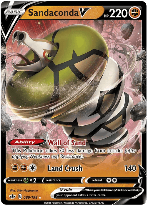 A Sandaconda V (089/198) [Sword & Shield: Chilling Reign] Pokémon card from the Pokémon brand features the coiled snake-like creature surrounded by a sandy vortex. This Ultra Rare, Fighting Type card displays 220 HP with the ability “Wall of Sand,” reducing damage taken by 30. Its single attack, “Land Crush,” deals 140 damage. Weakness to water, resistance to none, and a retreat cost.