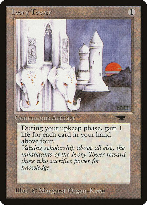 A Magic: The Gathering card titled "Ivory Tower [Antiquities]" from the Antiquities set. This artifact card displays a white tower with a red-orange sun and three hills in the background. Two carved ivory elephants with raised trunks face right. Text: "During your upkeep phase, gain 1 life for each card in your hand above four.