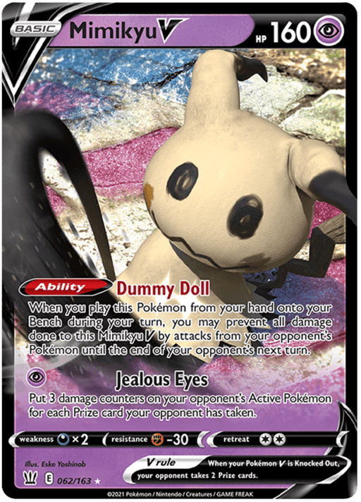 A Pokémon trading card featuring **the Mimikyu V (062/163) [Sword & Shield: Battle Styles] from Pokémon**. Mimikyu, draped in its ragged Pikachu-like disguise, showcases the "Dummy Doll" ability and "Jealous Eyes" attack. It has a Psychic element, Metal weakness, Fighting resistance, and a retreat cost of one colorless energy. Card number 062/163 from Battle Styles.