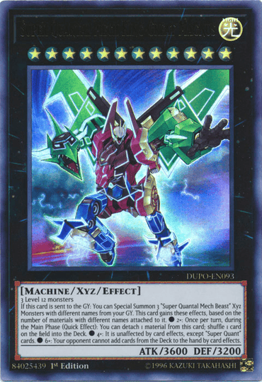 An Ultra Rare Yu-Gi-Oh! trading card, "Super Quantal Mech King Great Magnus [DUPO-EN093]," depicts an Xyz/Effect Monster boasting 3600 ATK and 3200 DEF. The card features a robotic figure adorned in green, red, and gold armor with mechanical wings, set against a background of stars and detailed in blue and grey text.