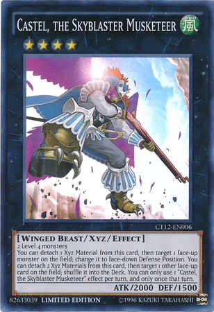 A Yu-Gi-Oh! trading card titled "Castel, the Skyblaster Musketeer [CT12-EN006] Super Rare," an Xyz/Effect Monster featured in Mega-Tins. The card showcases an avian warrior with purple feathers, wielding a musket and wearing armor. It has 2000 ATK, 1500 DEF, and can detach materials to change a monster's position or shuffle it into.