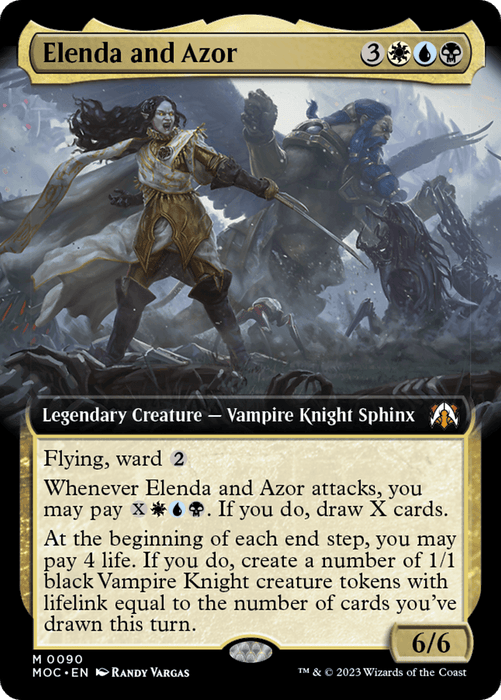 A Magic: The Gathering card titled "Elenda and Azor (Extended Art) [March of the Machine Commander]." It depicts a winged humanoid with white wings, gold armor, and a blue cape, wielding a spear. This Legendary Creature is a Vampire Knight Sphinx with Flying and Ward 2, costing 3 white, blue, black mana. It boasts power/toughness of 6/6.