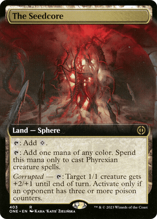 The Seedcore (Extended Art) [Phyrexia: All Will Be One] Magic: The Gathering card, from the Phyrexia: All Will Be One set, shows a menacing biomechanical heart-like structure inside a dark, red, and foreboding environment. This "Land — Sphere" card features three abilities that provide mana and modify creature stats. Its artwork is detailed, ominous, and intricate.