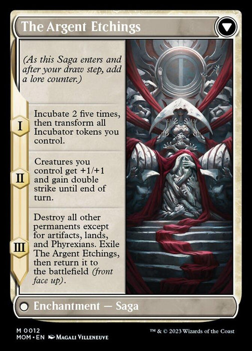 A Magic: The Gathering card titled "Elesh Norn // The Argent Etchings [March of the Machine]" features a Phyrexian Praetor. It is an Enchantment Saga with three chapters, illustrated by Magali Villeneuve. The background image shows a powerful figure seated on a throne, flanked by two large creatures. The card text describes various game effects for each chapter.